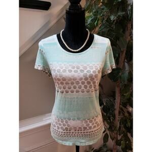 Chico's Women's Green White Polka Dot Round Neck Short Sleeve Top Blouse Size S